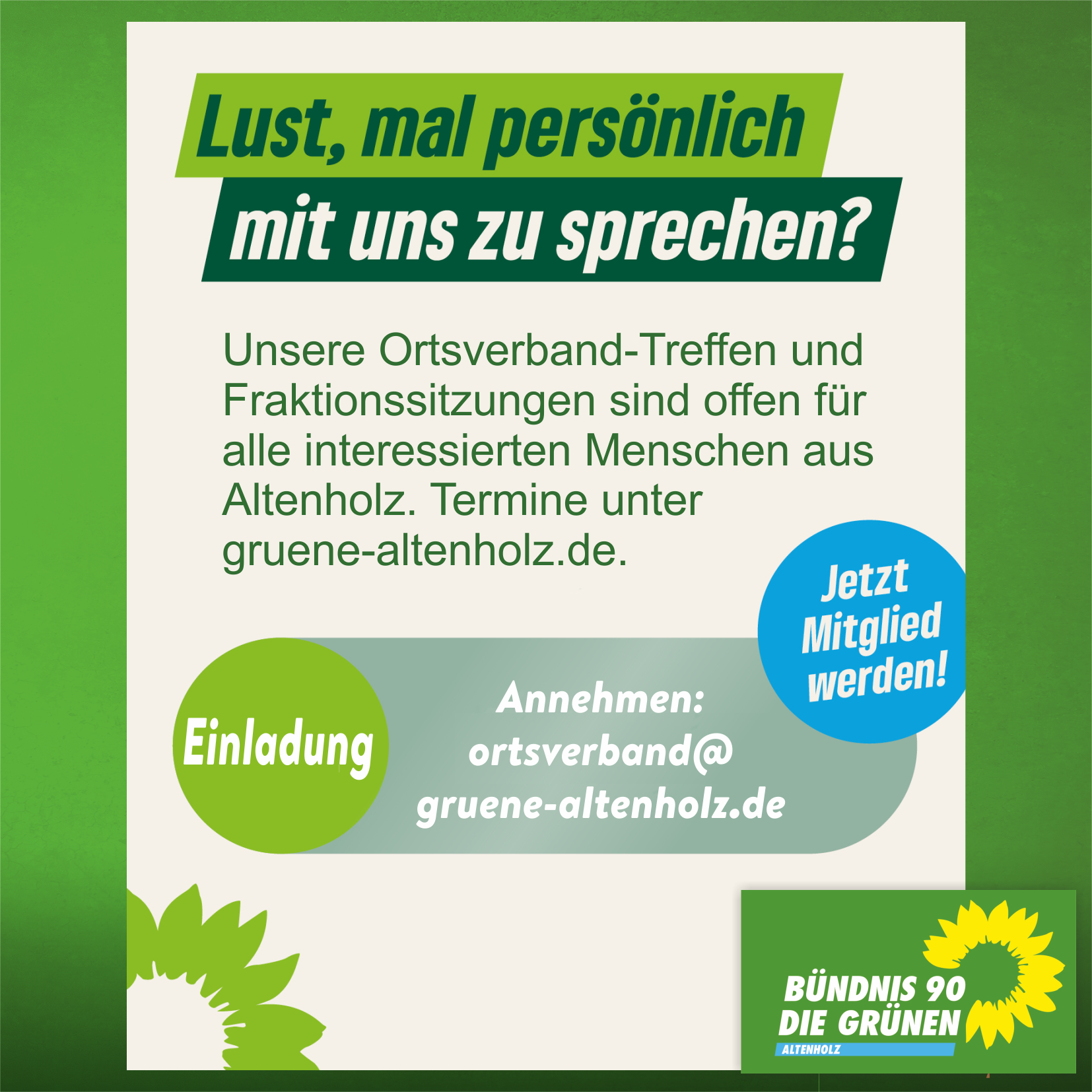 Einladung zu öffentlichen Treffen und Fraktionssitzungen der Grünen Altenholz